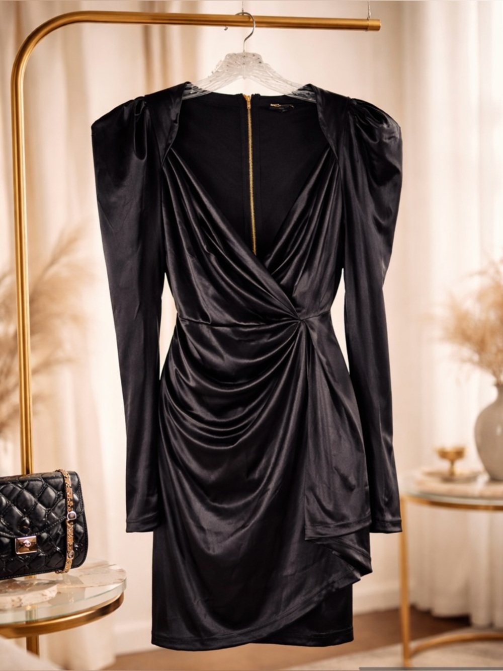 Little Black Satin Deep V Plunge Dress